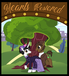 Size: 1466x1609 | Tagged: safe, artist:mr100dragon100, oc, oc:elizabeth, fanfic:hearts restored, clothes, cover, dark forest au's dr. jekyll and mr. hyde, dress, female, male, mare, park, romance, shipping, stallion, tree, victorian