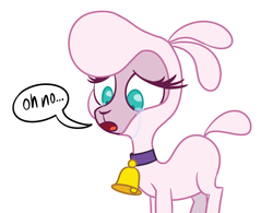 Size: 1600x1250 | Tagged: safe, artist:nonameorous, pom (tfh), lamb, sheep, them's fightin' herds, amogus, amogus eyes, among us, bell, bell collar, collar, community related, crying, cyan eyes, meme, open mouth, simple background, solo, speech bubble, white background