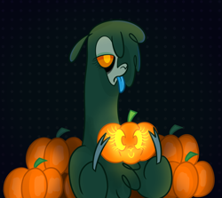 Size: 1600x1430 | Tagged: safe, artist:nonameorous, paprika (tfh), alpaca, undead, zombie, them's fightin' herds, black background, cloven hooves, community related, dark background, halloween, holding, holiday, jack-o-lantern, pumpkin, simple background, solo, tongue out