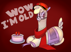 Size: 2665x1940 | Tagged: safe, artist:nonameorous, oc, oc:nonameorous, alpaca, them's fightin' herds, birthday, birthday cake, cake, caption, clothes, cloven hooves, community related, crossed hooves, food, glasses, hat, high res, looking away, red background, red hat, red scarf, scarf, simple background, sitting, solo, text, tfh oc