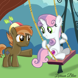 Size: 900x900 | Tagged: safe, artist:mlplary6, button mash, sweetie belle, earth pony, pony, unicorn, g4, childhood friends, colt, female, filly, foal, looking at each other, looking at someone, male, ship:sweetiemash, shipping, smiling, smiling at each other, straight, swing