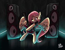 Size: 3000x2288 | Tagged: safe, artist:nyanakaru, fluttershy, pegasus, pony, g4, amplifier, bipedal, dark background, ear piercing, earring, electric guitar, female, flutterpunk, gritted teeth, guitar, high res, hoof hold, jewelry, mare, musical instrument, piercing, playing instrument, punk, punk rock, solo, stage, teeth