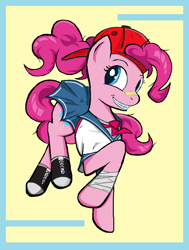 Size: 844x1116 | Tagged: safe, artist:sallycars, pinkie pie, earth pony, pony, g4, backwards ballcap, bandage, bandaid, baseball cap, blouse, braces, cap, clothes, converse, eyebrows, grin, hat, looking at you, ms paint, pinkie pie day, ponytail, sailor uniform, school uniform, shoes, simple background, skirt, smiling, solo, uniform, yellow background