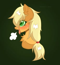 Size: 1744x1892 | Tagged: safe, artist:belkaart0w0, applejack, earth pony, pony, g4, ahegao, blushing, chest fluff, cute, female, freckles, green background, jackabetes, mare, open mouth, sign, simple background, solo, tongue out