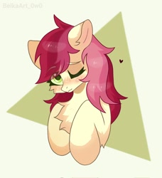 Size: 934x1024 | Tagged: safe, artist:belkaart0w0, roseluck, earth pony, pony, g4, blushing, chest fluff, cute, female, heart, mare, one eye closed, open mouth, solo, wink