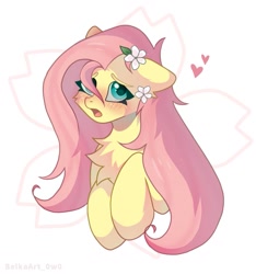 Size: 959x1024 | Tagged: safe, artist:belkaart0w0, fluttershy, pegasus, pony, g4, blushing, chest fluff, cute, female, flower, flower in hair, heart, mare, open mouth, shyabetes, signature, simple background, solo, white background