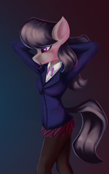 Size: 1886x3000 | Tagged: safe, alternate version, artist:qbellas, octavia melody, earth pony, anthro, g4, arm behind head, clothes, female, hair tie, mouth hold, outfit, pantyhose, simple background, skirt, solo