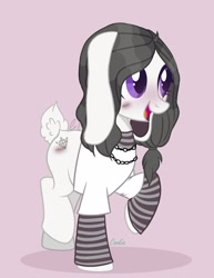 Size: 1666x2160 | Tagged: safe, artist:avi, earth pony, hybrid, original species, pony, rabbit pony, base used, blushing, bunny ears, bunny tail, clothes, female, jewelry, shirt, shy, signature, simple background, simple shading, socks, solo, striped socks, tail, violet eyes