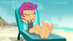 Size: 8000x4500 | Tagged: safe, artist:metalhead97, scootaloo, human, equestria girls, g4, barefoot, beach, beach chair, chair, clothes, cute, cutealoo, feet, fetish, foot fetish, foot focus, reclining, show accurate, smiling, smirk, swimsuit, wiggling toes
