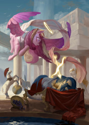 Size: 1920x2683 | Tagged: safe, artist:nora zhang, princess cadance, shining armor, alicorn, pony, unicorn, g4, ancient rome, arrow, bow (weapon), clothes, female, flying, food, grapes, guard, halo, high res, looking at someone, looking down, lying down, male, mare, on side, pillar, shield, ship:shiningcadance, shipping, sleeping, stallion, statue, straight, sword, weapon