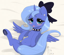 Size: 800x691 | Tagged: safe, artist:inkypuso, princess luna, alicorn, pony, g4, :p, blushing, bow, choker, chubby, cute, ear piercing, earring, female, filly, hair bow, hooves, jewelry, looking at you, lunabetes, lying, lying down, necklace, on back, piercing, ribbon, s1 luna, sheet, solo, studded choker, tongue out, underhoof, woona, younger