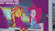 Size: 1280x720 | Tagged: safe, edit, edited screencap, editor:quoterific, screencap, pinkie pie, sunset shimmer, human, equestria girls, equestria girls specials, g4, my little pony equestria girls: better together, my little pony equestria girls: sunset's backstage pass, best friends, bow, clothes, crossed legs, duo, eyes closed, grin, lidded eyes, looking at each other, looking at someone, night pants, nightgown, nightshirt, pajamas, shorts, sleeveless, smiling, smiling at each other, wristband