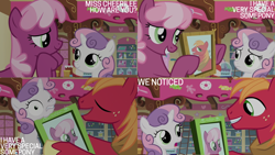 Size: 4400x2475 | Tagged: safe, edit, edited screencap, editor:quoterific, screencap, big macintosh, cheerilee, sweetie belle, earth pony, pony, unicorn, g4, hearts and hooves day (episode), season 2, female, filly, foal, frown, grin, gritted teeth, male, mare, open mouth, picture, smiling, stallion, teeth, trio