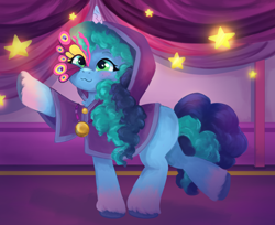 Size: 5892x4800 | Tagged: safe, artist:saphypone, misty brightdawn, pony, unicorn, g5, my little pony: tell your tale, nightmare night party, spoiler:g5, spoiler:my little pony: tell your tale, spoiler:tyts01e30, :3, blushing, clothes, costume, cute, dancing, female, freckles, jewelry, mare, medallion, mistybetes, necklace, nightmare night costume, raised leg, solo, standing on two hooves, unshorn fetlocks