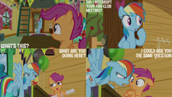Size: 4400x2475 | Tagged: safe, edit, edited screencap, editor:quoterific, screencap, rainbow dash, scootaloo, pegasus, pony, g4, the washouts (episode), :o, betrayal, betrayed, bipedal, bipedal leaning, clubhouse, crusaders clubhouse, duo, duo female, female, flying, frown, ladder, leaning, nervous, open mouth, open smile, smiling, spread wings, streamers, suspicious, wings