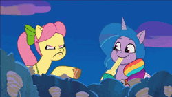 Size: 1280x720 | Tagged: safe, edit, edited screencap, screencap, hitch trailblazer, izzy moonbow, posey bloom, sparky sparkeroni, zipp storm, dragon, earth pony, pegasus, pony, skeleton pony, unicorn, g5, haunted house (episode), my little pony: tell your tale, spoiler:g5, spoiler:my little pony: tell your tale, spoiler:tyts01e31, amalgamation, amalgamizzy, angry, animated, arrowverse, baby, baby dragon, backing away, bone, bow, clothes, coat markings, costume, fake moustache, fart, fart joke, female, food, hair bow, halloween, holiday, implied hitch trailblazer, implied sunny starscout, jewelry, male, mare, necklace, nightmare night costume, pasta, pinpoint eyes, posey bloom is not amused, posey can't catch a break, red face, skeleton, socks (coat markings), sound, spaghetti, stallion, sunglasses, toilet humor, unamused, webm
