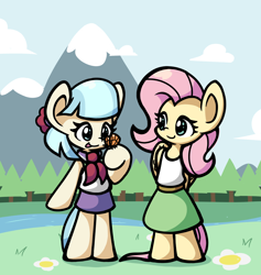 Size: 1800x1896 | Tagged: safe, artist:derp pone, coco pommel, fluttershy, butterfly, earth pony, pegasus, semi-anthro, g4, arm hooves, clothes, cocobetes, cute, duo, duo female, female, flower, hooves behind back, looking at someone, looking at something, mare, mountain, river, shyabetes, standing, tree, water