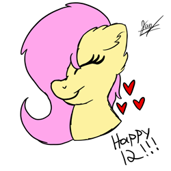 Size: 2048x2048 | Tagged: safe, artist:jay_wackal, fluttershy, mlp fim's twelfth anniversary, g4, bust, ear fluff, eyes closed, female, heart, high res, mare, signature, simple background, smiling, solo, white background