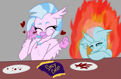 Size: 2381x1552 | Tagged: safe, artist:2hrnap, ocellus, silverstream, changedling, changeling, hippogriff, g4, chips, cute, diastreamies, duo, eating, female, fire, food, heart, jewelry, necklace, plate, ponybooru import, spicy, sweat
