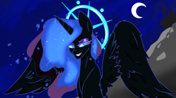 Size: 3012x1680 | Tagged: safe, artist:2hrnap, nightmare moon, alicorn, pony, g4, blue eyes, blue mane, canterlot, digital art, ethereal mane, female, grin, horn, lidded eyes, looking at you, mare, moon, night, ponybooru import, sky, smiling, solo, starry mane, stars, wings