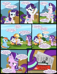 Size: 1042x1358 | Tagged: safe, artist:dendoctor, applejack, rainbow dash, rarity, starlight glimmer, earth pony, pegasus, pony, unicorn, comic:clone.., g4, alternate universe, bag, bipedal, book, clothes, comic, drama, female, mare, ponyville, saddle bag, scarf, striped scarf