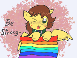 Size: 1280x960 | Tagged: safe, artist:foxy1219, oc, oc only, oc:yuris, pegasus, pony, art trade, brown mane, freckles, gay pride flag, one eye closed, pride, pride flag, solo, tongue out