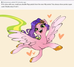 Size: 2449x2210 | Tagged: safe, artist:glacierclear, pipp petals, pegasus, pony, g5, adorapipp, blush sticker, blushing, cute, female, floating heart, flying, heart, high res, mare, open mouth, open smile, request, simple background, smiling, solo, yellow background