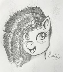 Size: 1901x2157 | Tagged: safe, artist:mayorlight, misty brightdawn, pony, unicorn, g5, my little pony: make your mark, spoiler:g5, bust, freckles, monochrome, open mouth, pencil drawing, solo, traditional art