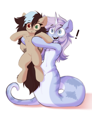 Size: 3113x4096 | Tagged: safe, artist:kebchach, oc, oc only, oc:kebchach, oc:liu, lamia, original species, pegasus, pony, chest fluff, duo, exclamation point, female, heterochromia, holding a pony, horn, open mouth, open smile, simple background, smiling, white background, wide eyes, wings