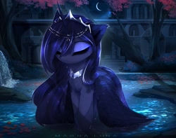 Size: 3333x2626 | Tagged: safe, artist:magnaluna, princess luna, alicorn, pony, g4, building, chest fluff, eyes closed, eyeshadow, female, hair over one eye, jewelry, makeup, mare, moon, night, partially submerged, regalia, solo, standing, standing in water, tree, water, waterfall, wings, wings down