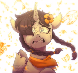 Size: 3423x3213 | Tagged: safe, artist:angie imagines, oc, oc only, oc:madana, pony, unicorn, bandana, blind, braid, cracked horn, crying, ear fluff, female, filly, flower, flower in hair, fluffy, foal, high res, horn, leaves, pigtails, scar, simple background, solo, unshorn fetlocks
