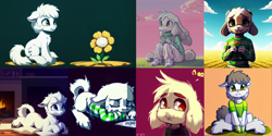Size: 2048x1024 | Tagged: safe, ai assisted, ai content, editor:paracompact, earth pony, pony, anthro, asriel dreemurr, chest fluff, clothes, cute, ear fluff, fireplace, flower, fluffy, looking at you, ponified, sitting, undertale, unshorn fetlocks