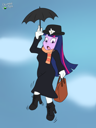 Size: 1500x2000 | Tagged: safe, artist:domedvortex, twilight sparkle, alicorn, human, equestria girls, g4, clothes, dress, flying, formal wear, high heels, humanized, long dress, long skirt, mary poppins, nanny, shoes, skirt, solo, twilight sparkle (alicorn), umbrella