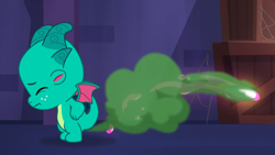 Size: 1920x1080 | Tagged: safe, screencap, sparky sparkeroni, dragon, g5, haunted house (episode), my little pony: tell your tale, spoiler:g5, spoiler:my little pony: tell your tale, spoiler:tyts01e31, baby, baby dragon, eyes closed, fart, fart cloud, fart joke, fire, fire fart, haunted house, male, solo, spoiler, toilet humor, wavy mouth, youtube link