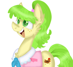 Size: 1168x1080 | Tagged: safe, artist:4agonism, chickadee, ms. peachbottom, earth pony, pony, g4, :d, bust, cheek fluff, chest fluff, chickadorable, clothes, collar, cute, ear fluff, female, freckles, mare, open mouth, open smile, peachabetes, ponytail, shirt, simple background, smiling, solo, white background