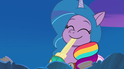 Size: 3300x1850 | Tagged: safe, screencap, izzy moonbow, pony, unicorn, g5, haunted house (episode), my little pony: tell your tale, spoiler:g5, spoiler:my little pony: tell your tale, spoiler:tyts01e31, amalgamation, amalgamizzy, clothes, coat markings, costume, cute, eating, eyes closed, fake wings, food, halloween, halloween costume, hoof polish, implied hitch trailblazer, implied pipp petals, implied sunny starscout, izzybetes, nightmare night costume, pasta, slurp, smiling, socks (coat markings), solo, spaghetti