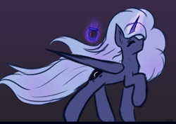 Size: 2150x1523 | Tagged: safe, artist:lu.de, princess luna, alicorn, pony, g4, 1 hour art challenge, coffee, drink, eyes closed, large wings, long mane, long tail, magic, magic aura, simple background, solo, sternocleidomastoid, strutting, tail, telekinesis, wings