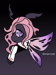 Size: 1537x2050 | Tagged: safe, artist:enperry88, fleur-de-lis, changedling, changeling, series:kensatober, series:mlp x toni kensa, g4, bedroom eyes, black background, clothes, colored wings, female, gradient background, gradient wings, gray background, grayscale, hoodie, kensatober, looking at you, monochrome, simple background, species swap, toni kensa, wings