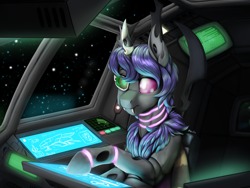Size: 3751x2818 | Tagged: safe, artist:gradoge, oc, oc:chrysi from blacksteel, changeling, moth, mothling, original species, female, high res, horn, horn jewelry, jewelry, purple changeling, space, spaceship, star wolves