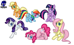 Size: 6784x4154 | Tagged: safe, artist:damlanil, applejack, fluttershy, pinkie pie, rainbow dash, rarity, twilight sparkle, alicorn, earth pony, pegasus, pony, unicorn, g4, female, grin, horn, looking at you, mane six, mare, raised hoof, show accurate, simple background, sitting, smiling, transparent background, twilight sparkle (alicorn), vector, wings