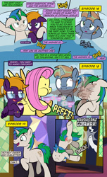Size: 1920x3168 | Tagged: safe, artist:alexdti, fluttershy, rarity, spike, oc, oc:brainstorm (alexdti), oc:purple creativity, oc:star logic, pegasus, pony, unicorn, comic:quest for friendship, a trivial pursuit, dragon dropped, g4, she talks to angel, comic, dialogue, dot eyes, eyes closed, female, floppy ears, folded wings, frown, glasses, glowing, glowing horn, high res, hooves, horn, lidded eyes, lying down, magic, male, mare, offscreen character, on back, onomatopoeia, open mouth, open smile, pegasus oc, pinpoint eyes, puffy cheeks, raised eyebrow, raised hoof, raised leg, shadow, smiling, speech bubble, spit take, spread wings, stallion, tail, telekinesis, two toned mane, two toned tail, underhoof, unicorn oc, wall of tags, wings, yelling