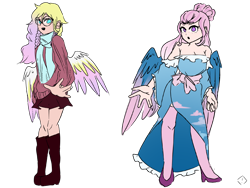 Size: 2048x1536 | Tagged: safe, artist:idkhesoff, artist:metaruscarlet, oc, oc only, oc:angel lights, oc:merry skies, angel, human, boots, clothes, colored, dress, duo, ear piercing, earring, female, glasses, high heels, humanized, humanized oc, jewelry, lesbian, open mouth, piercing, scarf, shoes, simple background, skirt, socks, stockings, sweater, thigh highs, transparent background, winged humanization, wings