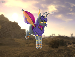Size: 2840x2160 | Tagged: safe, artist:gradoge, oc, oc:chrysi from blacksteel, changeling, moth, mothling, original species, cazador, fallout, fallout: new vegas, female, high res, holeless, horn, horn jewelry, jewelry, purple changeling, solo