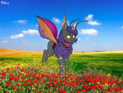 Size: 2840x2160 | Tagged: safe, alternate version, artist:gradoge, oc, oc:chrysi from blacksteel, changeling, moth, mothling, original species, cazador, fallout, fallout: new vegas, female, flower, high res, holeless, horn, horn jewelry, jewelry, purple changeling, solo