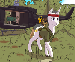 Size: 2869x2389 | Tagged: safe, artist:gradoge, oc, oc:weiße feder, deer, deer pony, original species, pony, unicorn, clothes, helicopter, high res, uniform, vietnam, vietnam war