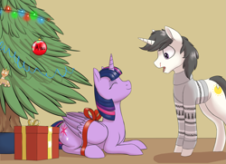 Size: 2845x2064 | Tagged: safe, artist:gradoge, twilight sparkle, oc, oc:weiße feder, alicorn, pony, unicorn, g4, canon x oc, high res, new year, present, pullover, spruce tree, tree, twilight sparkle (alicorn)