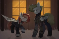 Size: 2560x1689 | Tagged: safe, artist:tttips!, oc, oc only, pegasus, pony, ashes town, armor, blurry, clothes, drunk, drunk bubbles, duo, duo female, female, folded wings, grass, green hair, mare, ncr, pegasus oc, red hair, saloon, spread wings, window, wings