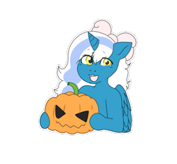 Size: 695x647 | Tagged: safe, artist:cute-little-star97, oc, oc:fleurbelle, alicorn, pony, alicorn oc, bow, female, hair bow, halloween, holding, holiday, horn, mare, pumpkin, simple background, solo, transparent background, wings, yellow eyes