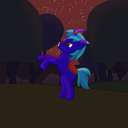 Size: 2048x2048 | Tagged: safe, artist:trixiecutiepox, oc, oc:trixie cutiepox, kirin, pony, legends of equestria, dark, digital art, fangs, female, high res, horn, kirin oc, mane, mare, night, night sky, open mouth, open smile, red eyes, rock, sky, smiling, solo, stars, tail, tree, two toned mane, two toned tail
