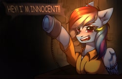 Size: 1665x1080 | Tagged: safe, artist:kaito_wivil, rainbow dash, g4, bound wings, clothes, commissioner:rainbowdash69, courtroom, cuffs, never doubt rainbowdash69's involvement, prison outfit, prisoner rd, shackles, shirt, speech bubble, teeth, text, undershirt, wings, yelling